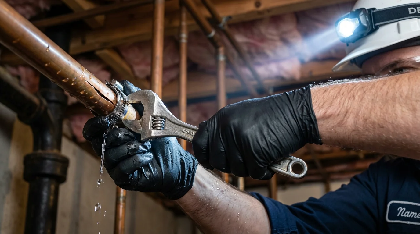 Emergency pipe clamp repair being performed by a Johns Plumbing LLC plumber in Sublimity