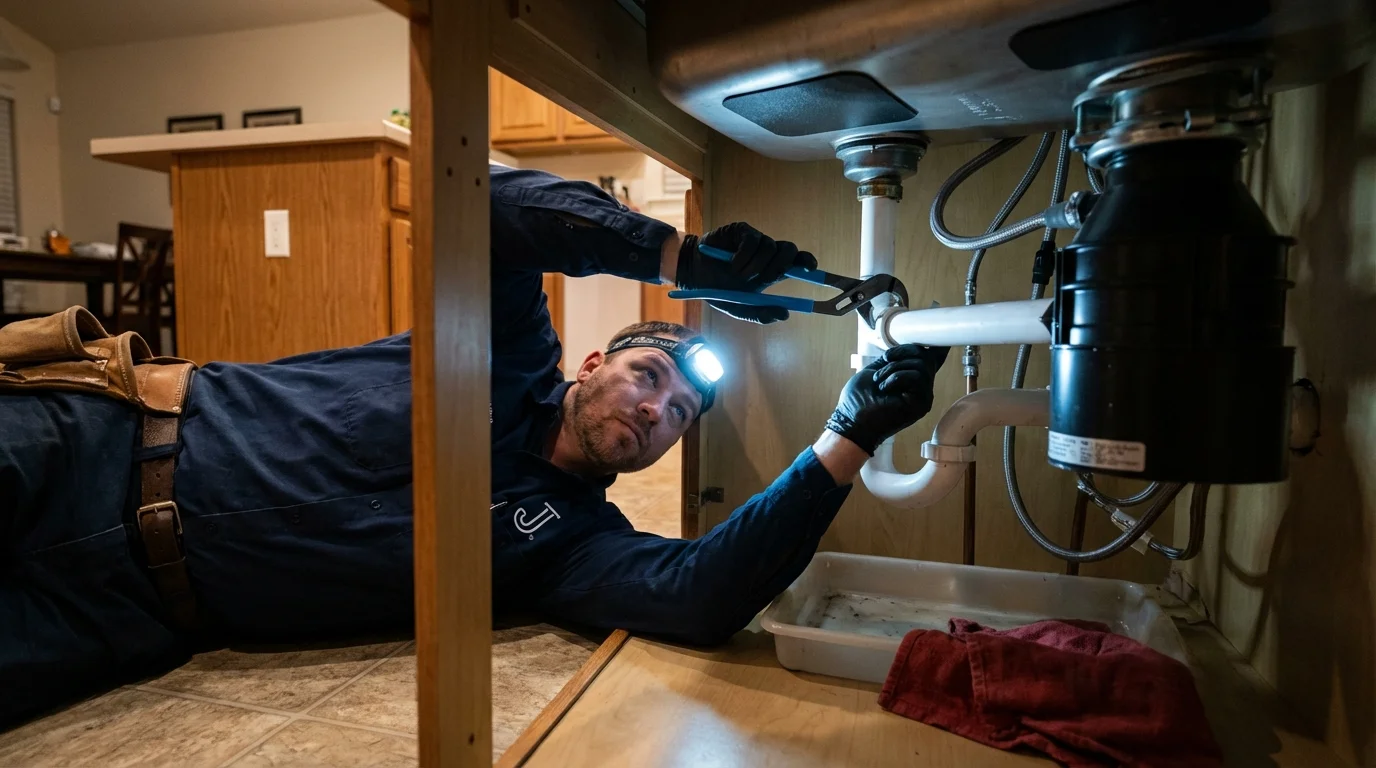 P-trap and supply line connections under a kitchen sink showing a common leak point in Sublimity, OR
